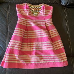 Pink white and gold strapless dress